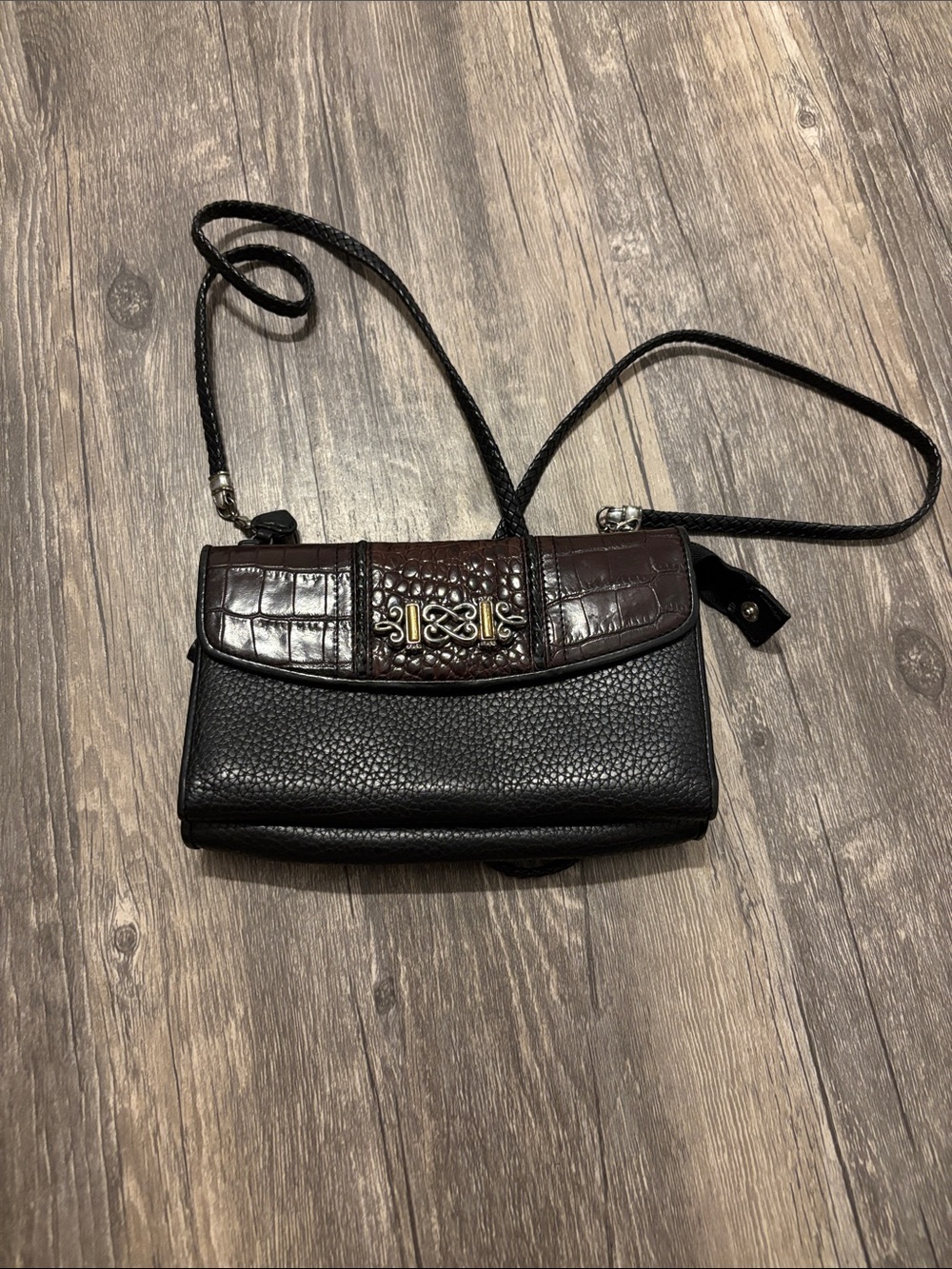 Brighton Black and Dark Brown Croc-Accent Crossbody